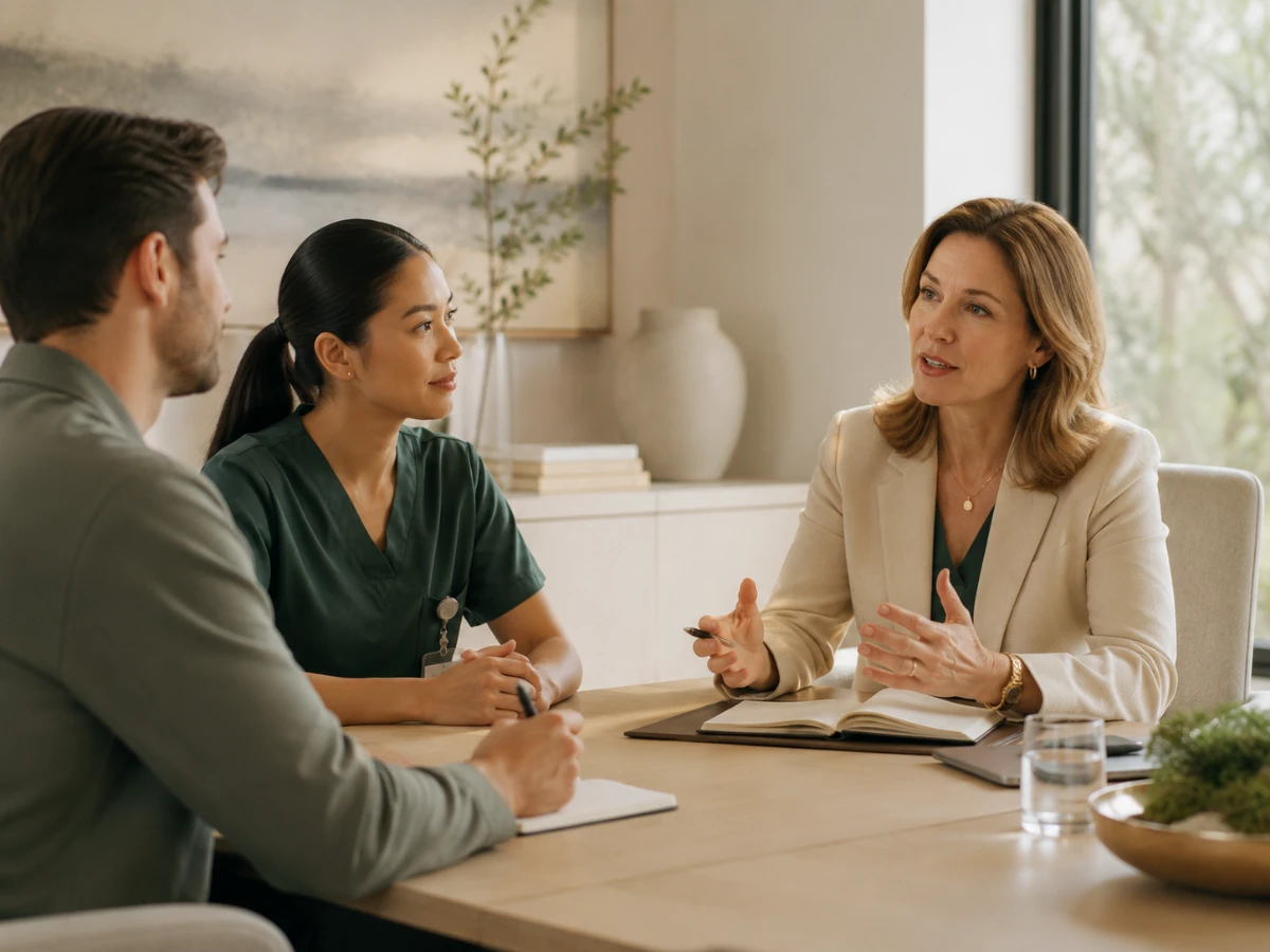 A Beyond Nursing advisor meeting with a nurse and a client around a table